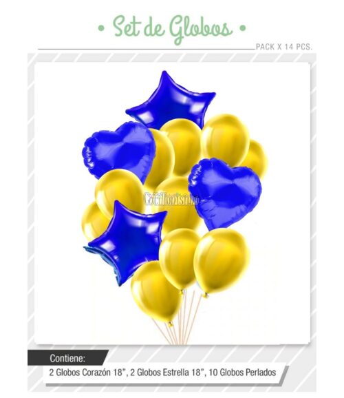 Set Globos Color AZUL Y AMARILLO 14 Pcs