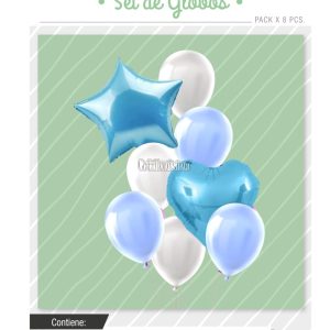 Set Globos Color Celeste y Blanco 8 Pcs