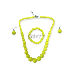 Set Collar Aros y Pulsera con Perlas Color Amarillo Fluo