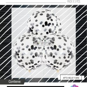 Globos con Confetti Redondo - Color NEGRO x3 Unidades