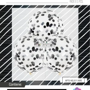 Globos con Confetti Redondo - Color NEGRO x3 Unidades