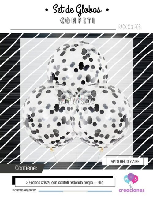 Globos con Confetti Redondo - Color NEGRO x3 Unidades