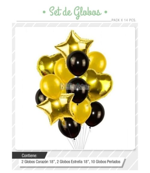 Set Globos Color Dorado y Negro 14 Pcs