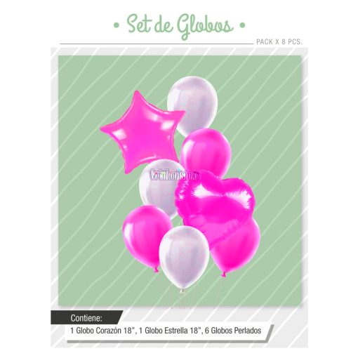 Set Globos Color Fucsia y Blanco 8 Pcs