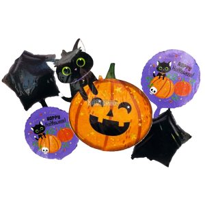 Set 5 Globos Metalizado Halloween Calabaza Gato Negro