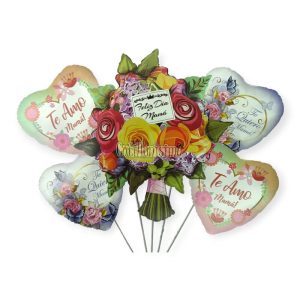 Set 5 Globos Metalizados Feliz Dia Mama Ramo de Flores