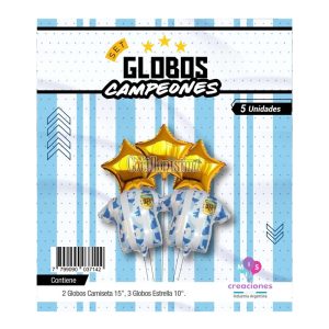 Set Globos Campeones Del Mundo Camisetas y Estrellas Doradas 5 Pcs