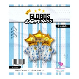Set Globos Campeones Del Mundo Camisetas y Estrellas Doradas 5 Pcs