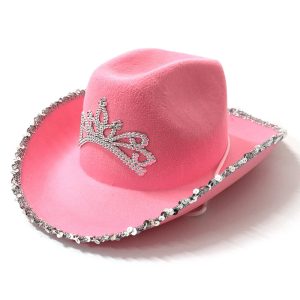 Sombrero Vaquera Rosa con Corona y Lentejuelas