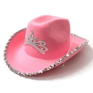 Sombrero Vaquera Rosa con Corona y Lentejuelas