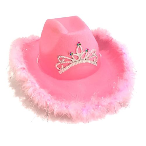 Sombrero Vaquera Rosa con Corona y Pluma