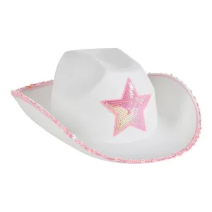 Sombrero Vaquero Blanco con Estrella Rosa Lentejuelas