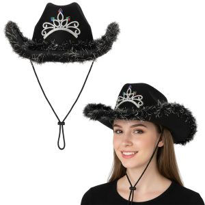 Sombrero Vaquera Negro con Corona y Pluma