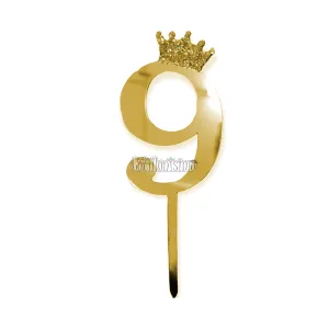 Topper para Torta Dorado Nº9 Con Corona 11cm