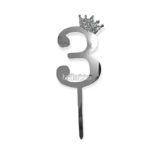 Topper para Torta Plateado Nº3 Con Corona 11cm