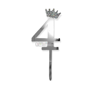 Topper para Torta Plateado Nº4 Con Corona 11cm