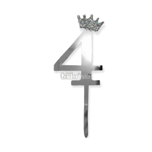 Topper para Torta Plateado Nº4 Con Corona 11cm