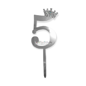 Topper para Torta Plateado Nº5 Con Corona 11cm