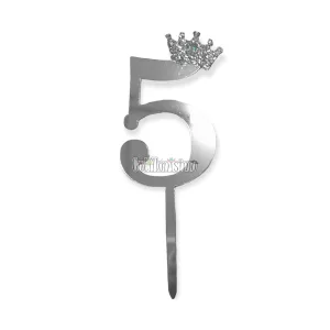 Topper para Torta Plateado Nº5 Con Corona 11cm