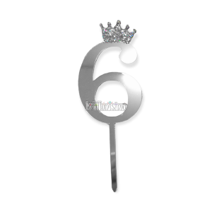 Topper para Torta Plateado Nº6 Con Corona 11cm