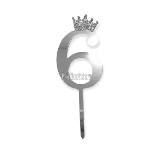 Topper para Torta Plateado Nº6 Con Corona 11cm