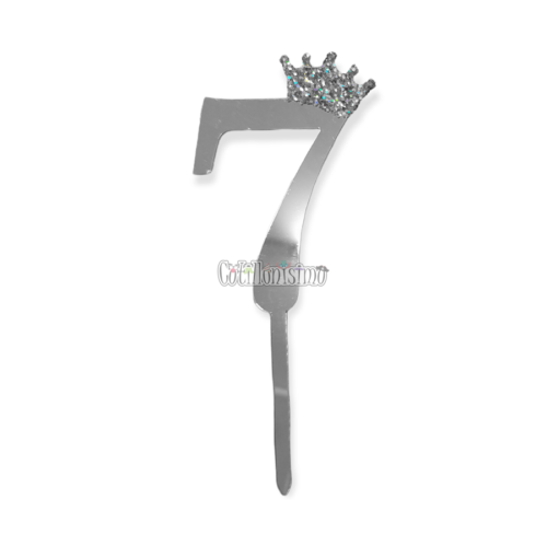 Topper para Torta Plateado Nº7 Con Corona 11cm