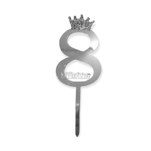Topper para Torta Plateado Nº8 Con Corona 11cm