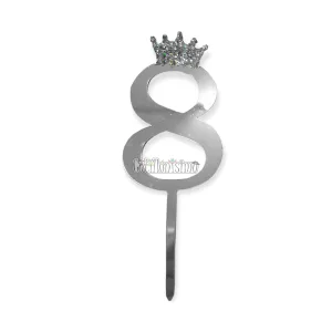 Topper para Torta Plateado Nº8 Con Corona 11cm