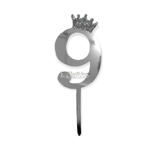 Topper para Torta Plateado Nº9 Con Corona 11cm