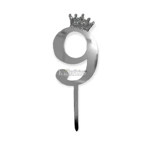 Topper para Torta Plateado Nº9 Con Corona 11cm