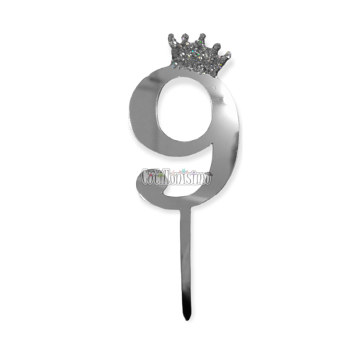 Topper para Torta Plateado Nº9 Con Corona 11cm