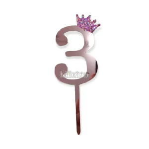 Topper para Torta Rosa Gold Nº3 Con Corona 11cm