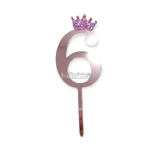 Topper para Torta Rosa Gold Nº6 Con Corona 11cm