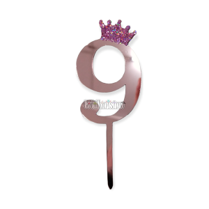 Topper para Torta Rosa Gold Nº9 Con Corona 11cm