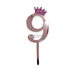 Topper para Torta Rosa Gold Nº9 Con Corona 11cm