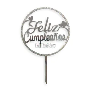Topper para Torta Plateado con Strass Feliz Cumpleaños