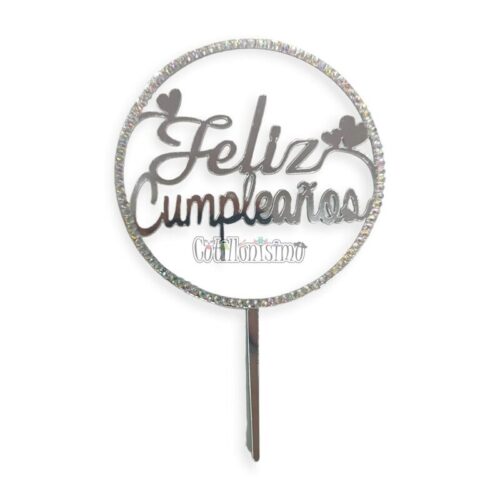 Topper para Torta Plateado con Strass Feliz Cumpleaños