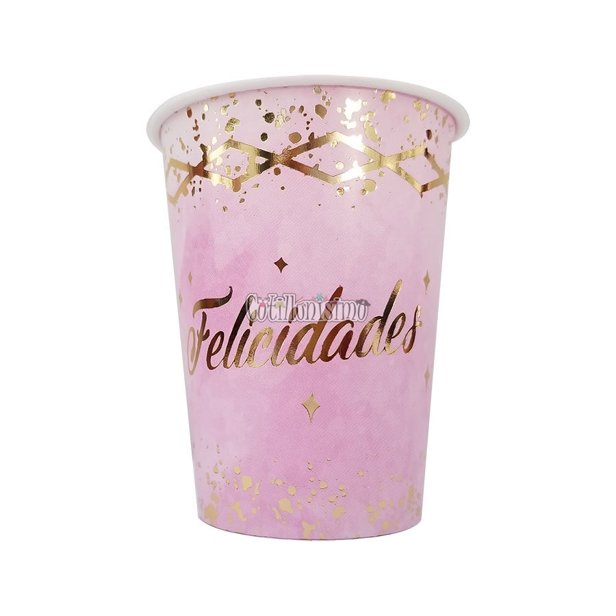 Vaso Polipapel Felicidades Rosa 240cc x8