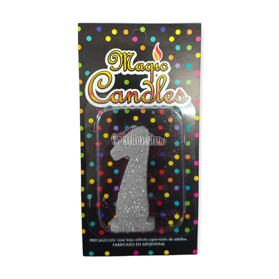 Vela Gibreada Numero 1 Color Plateado Magic Candles