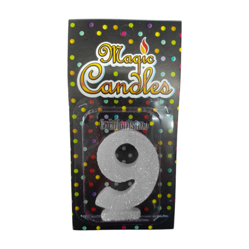 Vela Gibreada Numero 9 Color Plateado Magic Candles