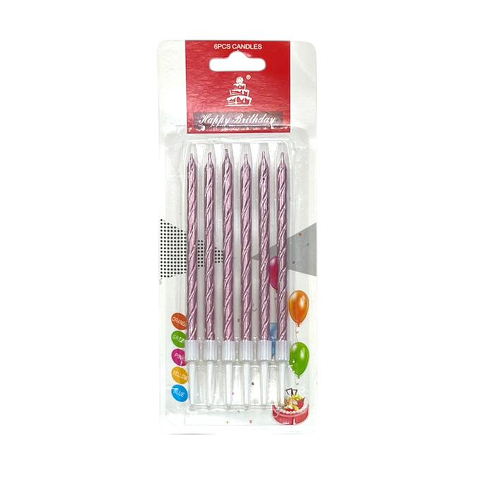 Vela Metalizada Torneada con Portavela 13cm x6u Color Rosa