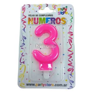 Vela Numero 3 Rosa Brillos