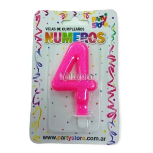 Vela Numero 4 Rosa Brillos