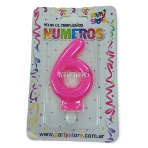 Vela Numero 6 Rosa Brillos