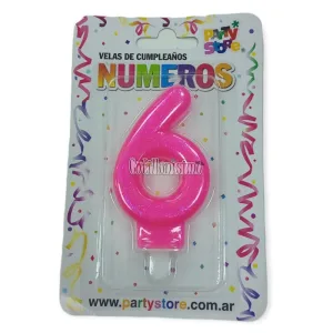 Vela Numero 6 Rosa Brillos