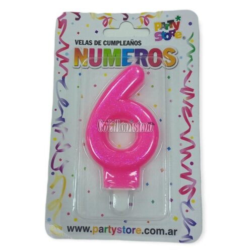 Vela Numero 6 Rosa Brillos