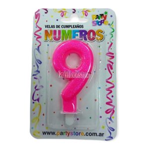 Vela Numero 9 Rosa Brillos