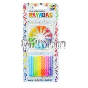 Vela Rayada Torneada Multicolor X24u con 12 Bases