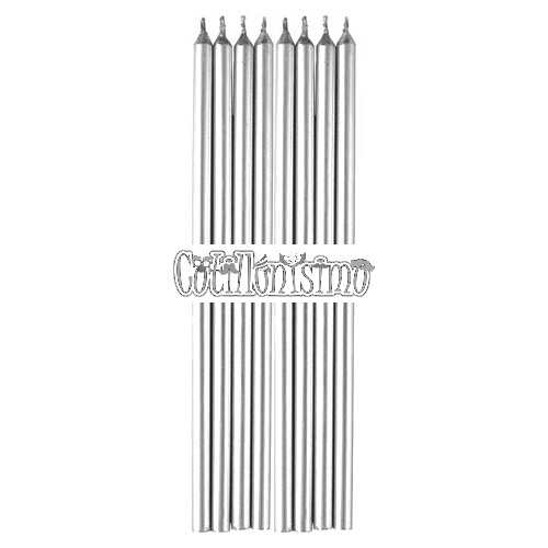 Vela Larga Metalizada Color Plateado x8u 16cm