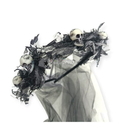 Vincha Con Calaveras y Tul Negro Halloween - Imagen 2